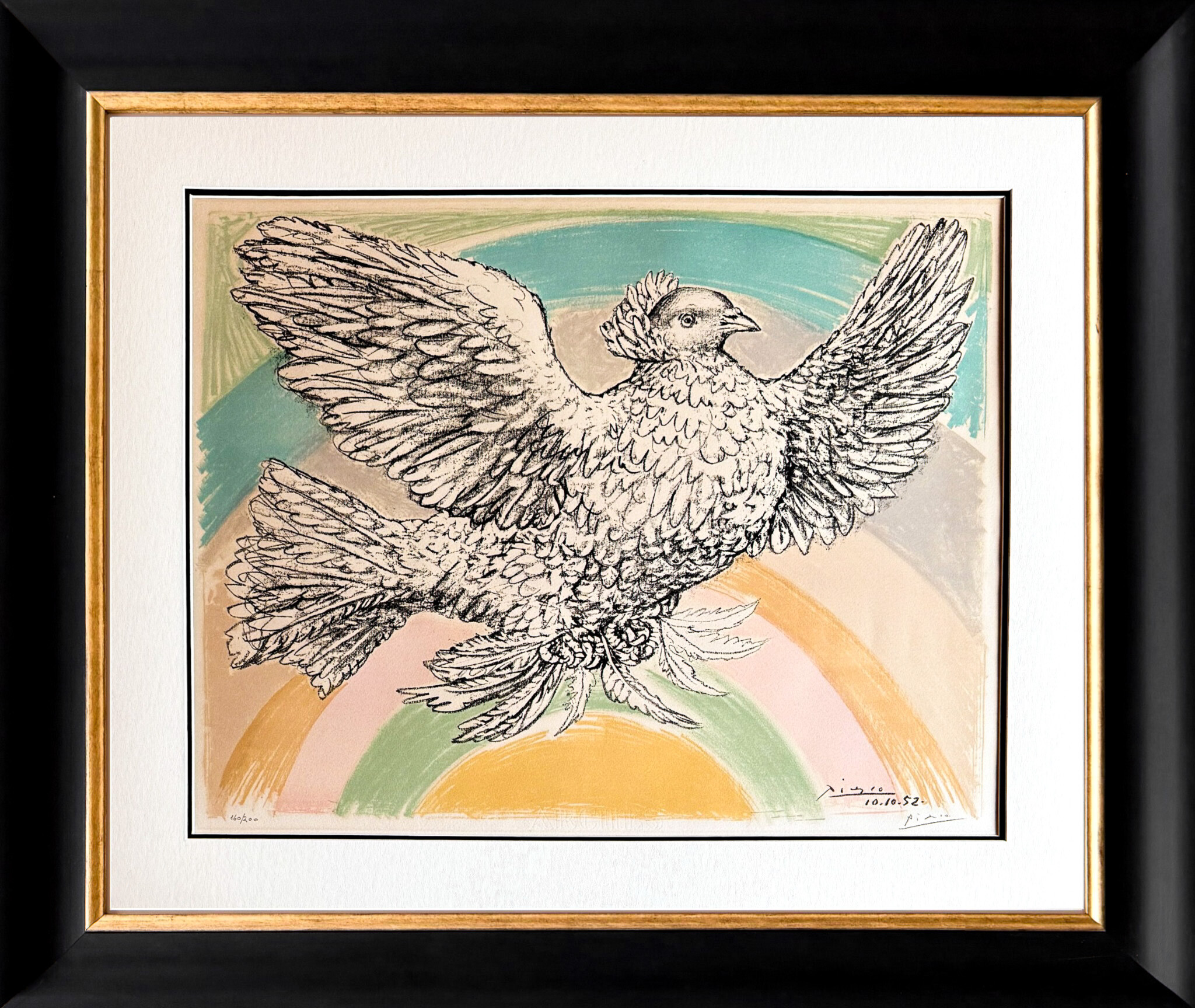 Colombe volant (à l’Arc-en-ciel) in its black and gold frame