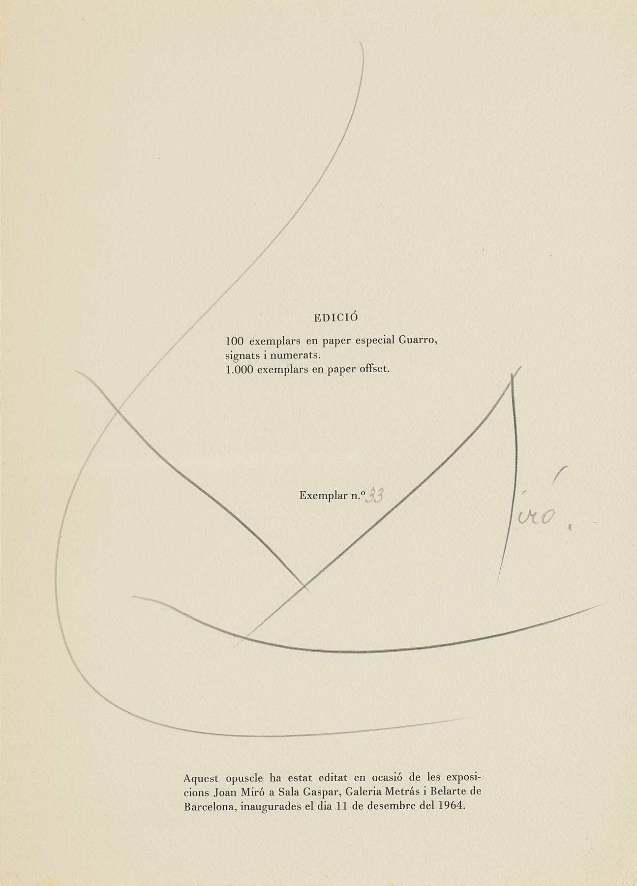 Publication colophon for Miró. Obra inèdita recent, identifying copy 33 and the signed edition on Guarro paper