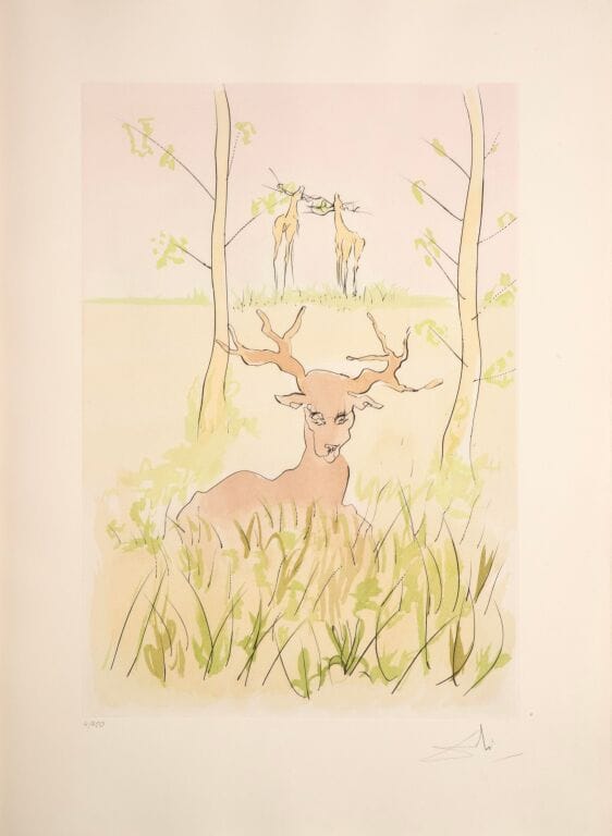 Colour drypoint of a stag from Salvador Dalí’s Le Bestiaire de La Fontaine Dalinisé