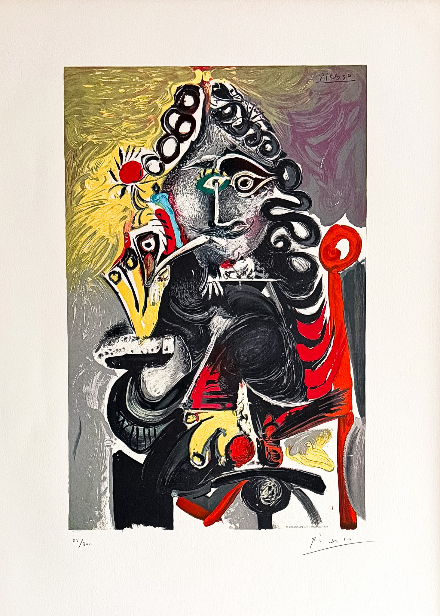 Pablo Picasso, Le cavalier, a richly dressed figure in black, red, grey and yellow