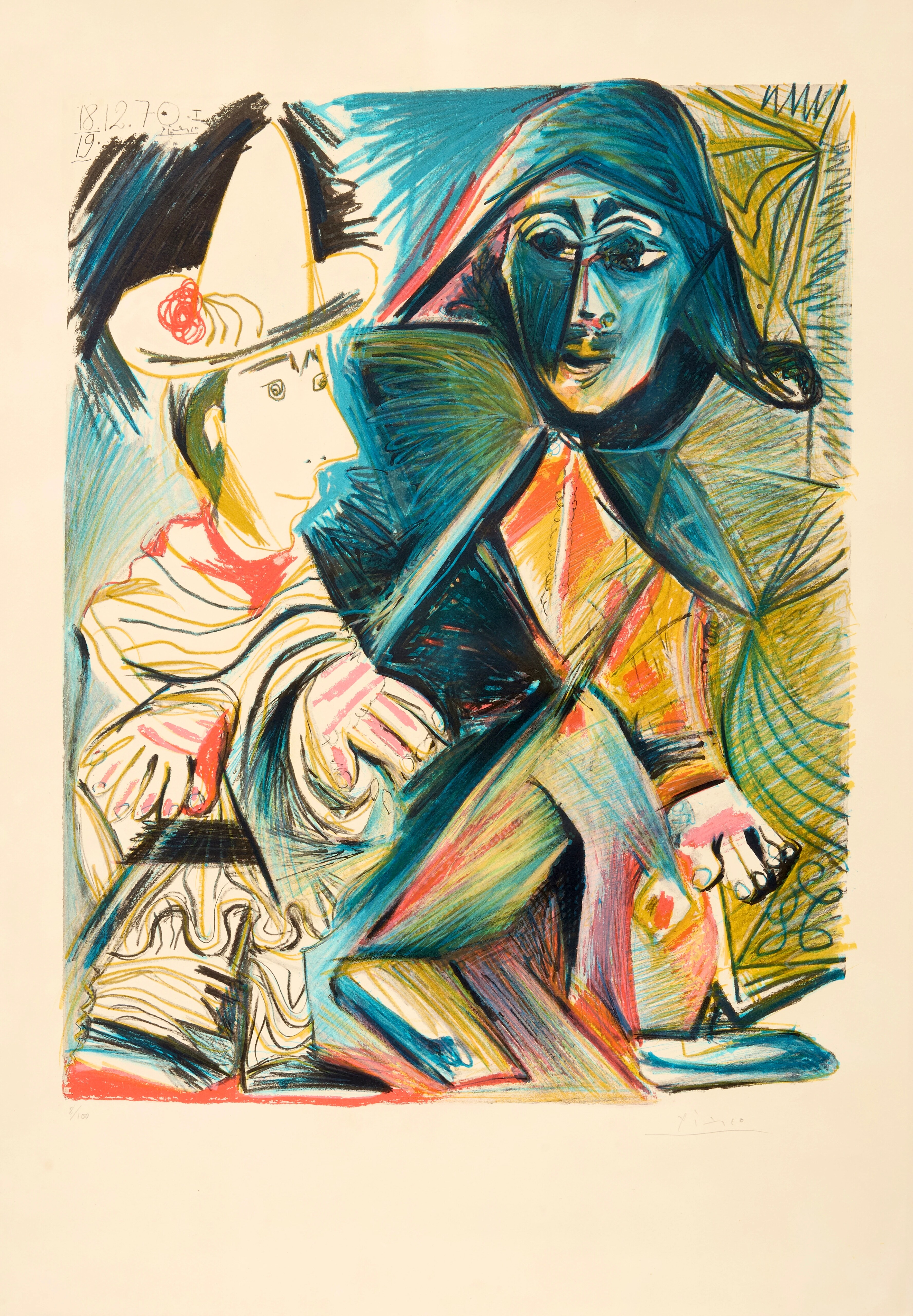 Pablo Picasso, Le Clown et l’Arlequin, two theatrical figures in blue, yellow, red and black
