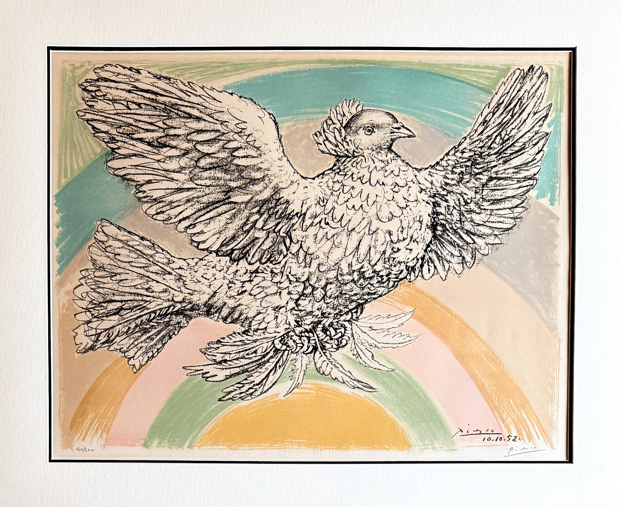 Pablo Picasso, Colombe volant (à l’Arc-en-ciel), a white dove with spread wings against bands of colour